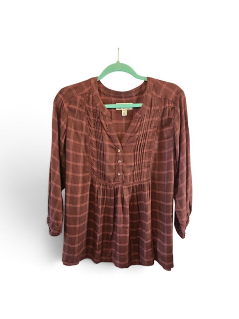 Plaid pintuck Wrangler blouse relaxed 3/4 sleeves size medium maroon rust NWOT